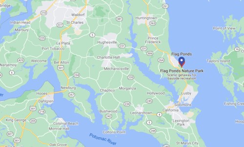 Map showing Flag Ponds Nature Park, a scenic area for bayside recreation in Maryland.