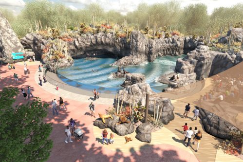 A vibrant outdoor area with rocky landscapes, water features, and people enjoying the space, surrounded by greenery.