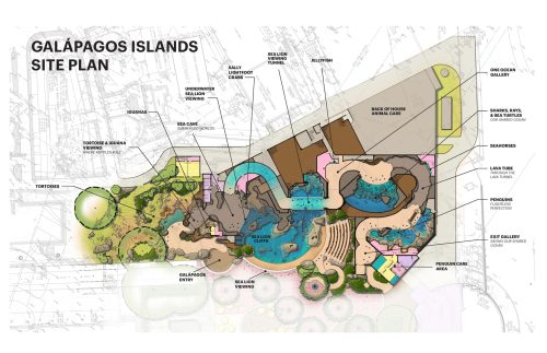 Site plan of the Galápagos Islands, featuring pools, gardens, and various activity areas.