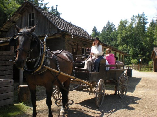 A horse-drawn carriage with two people, one in period costume, near a rustic wooden building in a forested area.