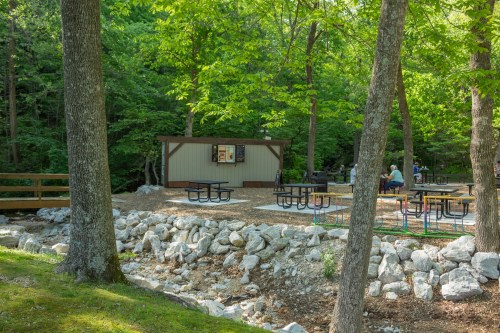 A picnic area with tables near a stream, surrounded by trees and a small building in a lush green setting.