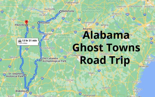 Map showing a route for an Alabama ghost towns road trip, highlighting towns like Pikeville and Blakeley.