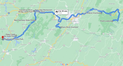 Map showing a scenic route of 100 miles with stops at various parks and overlooks in Maryland.