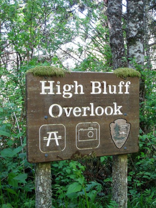 Wooden sign for "High Bluff Overlook" surrounded by greenery, featuring icons for a picnic area and photography.