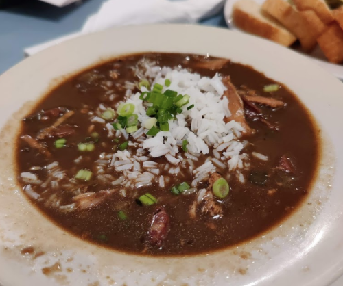A bowl of dark brown stew with shredded meat, topped with white rice and green onions, served with slices of bread.