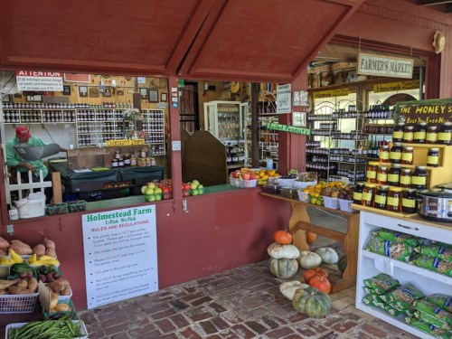 A vibrant farmer's market with fresh produce, jars of preserves, and a welcoming atmosphere.
