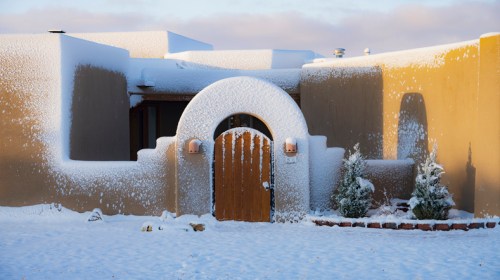 A snow-covered adobe house with a wooden door and archway, surrounded by snow-dusted shrubs and a clear blue sky.