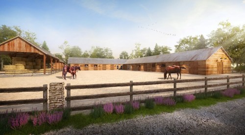 A serene horse farm with wooden stables, horses in the paddock, and lush greenery under a clear sky.