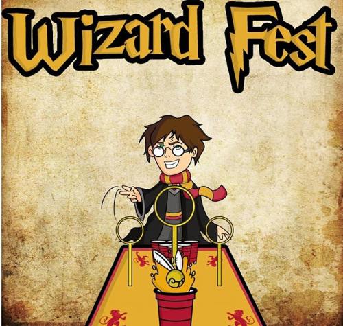 Cartoon of a wizard with glasses and a scarf, sitting on a golden snitch, with "Wizard Fest" text above.