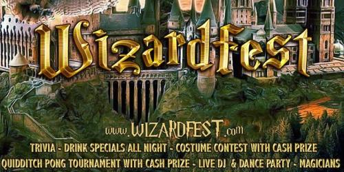 Promotional graphic for Wizardfest featuring trivia, drink specials, costume contest, and live entertainment.