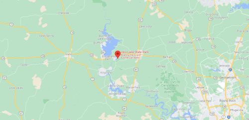 Map showing the location of Inks Lake State Park in Texas, surrounded by roads and natural features.