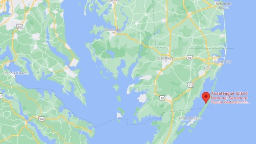 Map showing Assateague Island National Seashore, highlighting its location near Ocean City, Maryland.