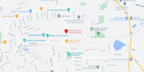 Map showing Palestine, Texas, highlighting Texas Jailhouse (Tours & Events) and nearby landmarks.