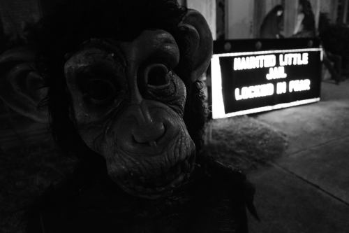 A creepy monkey mask in front of a sign that reads "Haunted Little and Licked in Fear," in a dark setting.