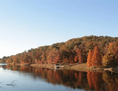 A serene lake surrounded by trees in vibrant autumn colors under a clear blue sky.
