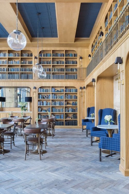 A stylish library with wooden shelves filled with books, blue chairs, and round tables under modern light fixtures.