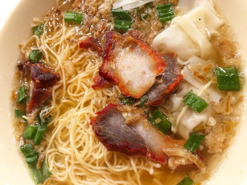 A bowl of noodle soup with sliced meat, dumplings, and green onions in a clear broth.