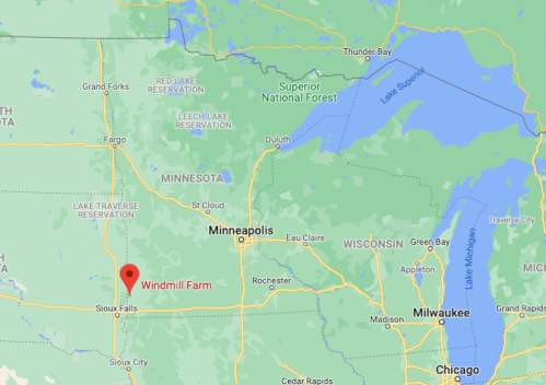 Map showing the location of Windmill Farm near Sioux Falls, South Dakota, with surrounding states and landmarks.
