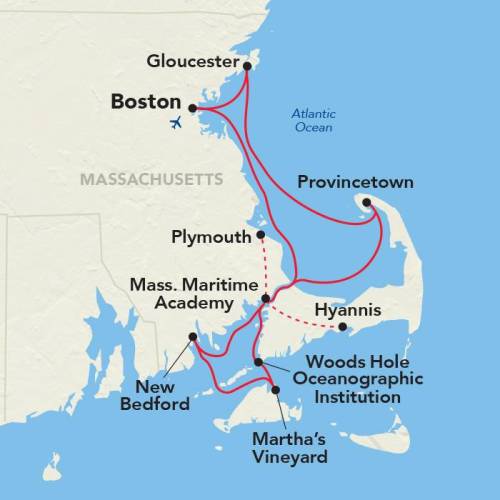 Map of Massachusetts coastline highlighting Boston, Provincetown, Hyannis, and other coastal locations with connecting routes.