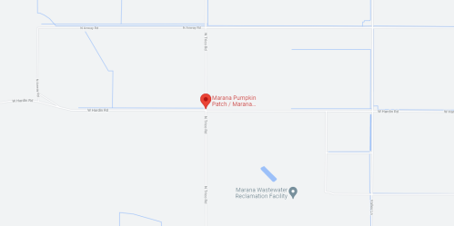 Map showing the location of the Marana Pumpkin Patch and nearby streets in Marana, Arizona.