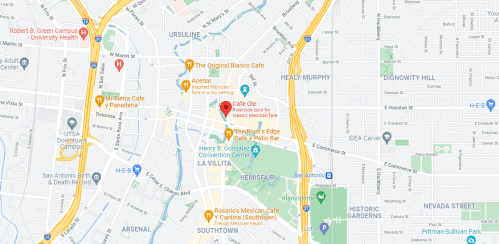 Map of a city area highlighting various restaurants, cafes, and landmarks, including Cafe Ole and the Convention Center.