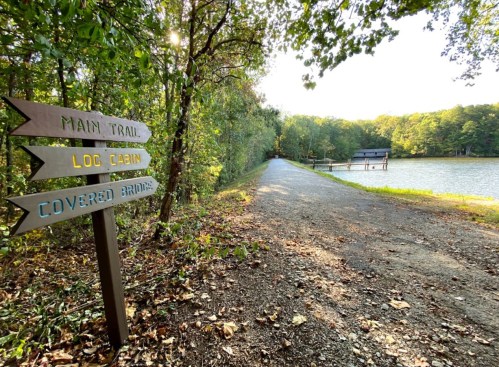 A gravel path by a lake, with signs pointing to the main trail, log cabin, and covered bridge, surrounded by trees.