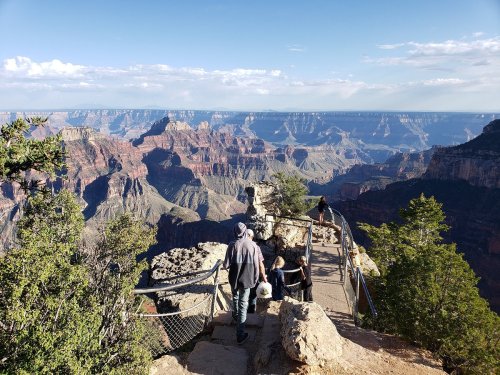 A scenic view of the Grand Canyon with visitors walking along a path surrounded by lush greenery and dramatic cliffs.