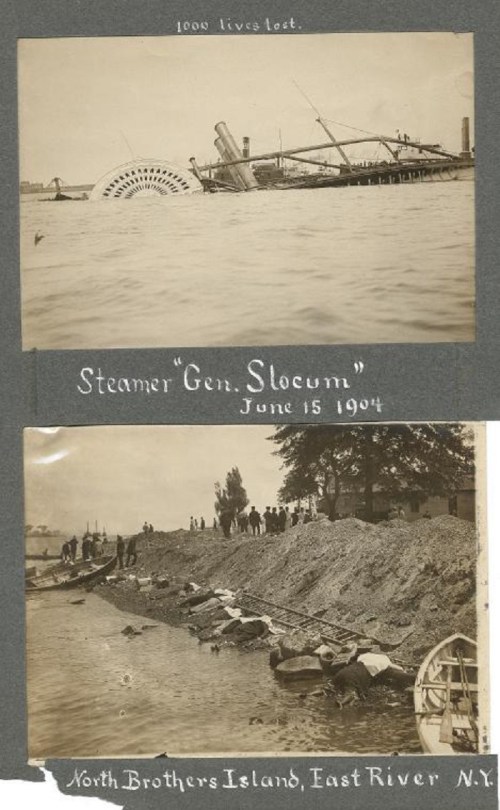Historic photo of the sunken steamer "Gen. Slocum" in the East River, June 15, 1904, with people on the shore.