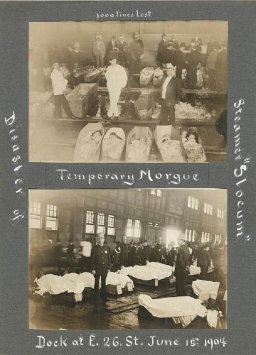 Historical photo of a temporary morgue after a disaster, showing bodies and mourners at a dock in June 1904.