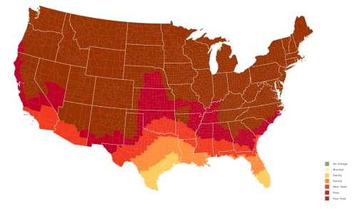 Map of the U.S. showing varying climate zones, with colors indicating changes in temperature and precipitation.