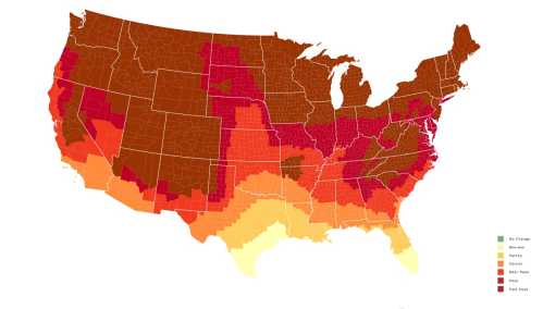 Map of the U.S. showing varying climate zones, with colors indicating different temperature and precipitation levels.