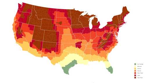 A color-coded map of the U.S. showing varying climate zones, from cold to hot, with shades of red, orange, and yellow.