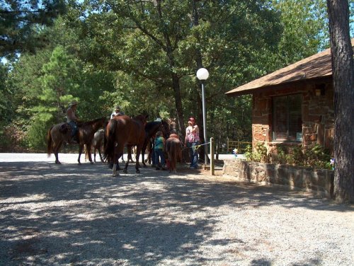 A group of people with horses near a rustic stone building surrounded by trees on a gravel path.