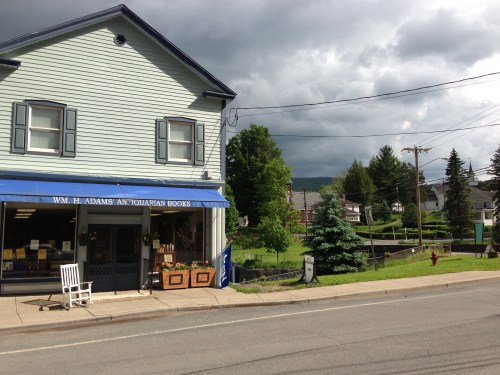 A quaint blue building with a sign for "Wm. H. Adams Antiquarian Books," set against a cloudy sky and green landscape.