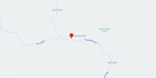 Map showing the location of Pacheta Falls, with nearby creeks and landmarks labeled.