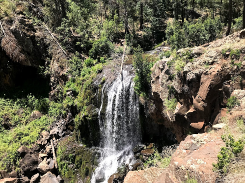 A serene waterfall cascading over rocks, surrounded by lush greenery and trees in a natural setting.