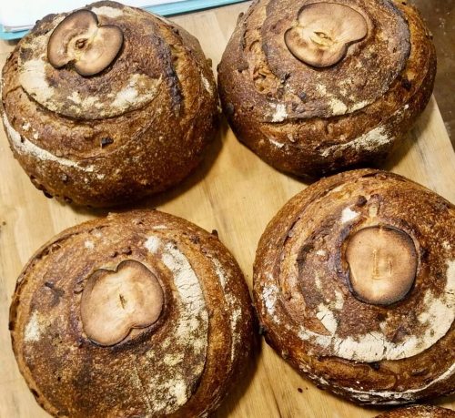 Four round loaves of bread with a rustic crust, each topped with a slice of apple, arranged on a wooden surface.