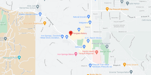 Map showing the location of Panagaea Bakery and nearby businesses in Prescott Valley, Arizona.