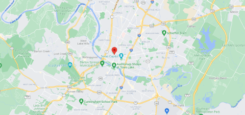 Map of Austin, Texas, highlighting the Texas State Capitol and surrounding parks and roads.