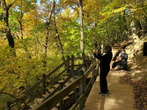 A woman takes a photo on a wooden path surrounded by vibrant autumn foliage, while another person plays guitar nearby.