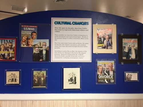 A display of magazine covers and articles highlighting cultural changes in American society over time.