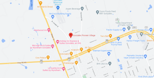 Map showing Gonzales Pioneer Village and nearby landmarks, including hotels, restaurants, and major roads.
