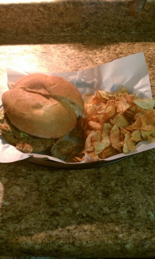 A sandwich on a plate with a side of crispy potato chips, all served on a paper liner.