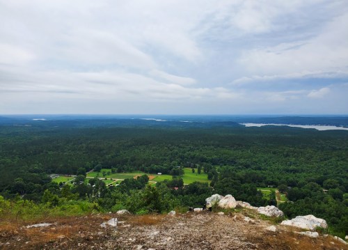 A panoramic view of lush green forests and fields under a cloudy sky, with a lake visible in the distance.