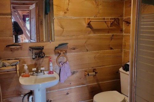 A rustic bathroom with wooden walls, a sink, toilet, and shelves, featuring a mirror and toiletries.
