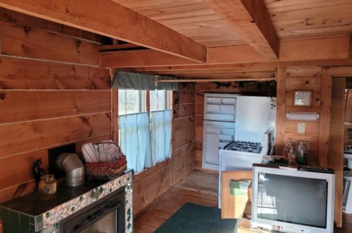 Cozy wooden cabin interior featuring a stove, refrigerator, and a television, with natural light from windows.