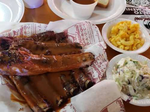 A plate of barbecue ribs covered in sauce, served with macaroni and cheese, coleslaw, and a side of sauce.