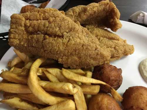 A plate of crispy fried fish fillets served with French fries and hushpuppies.