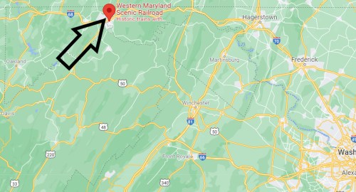 Map highlighting the location of the Western Maryland Scenic Railroad, surrounded by green areas and nearby towns.