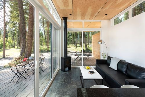 Modern cabin interior with a black sofa, coffee table, and large windows overlooking a forested area.